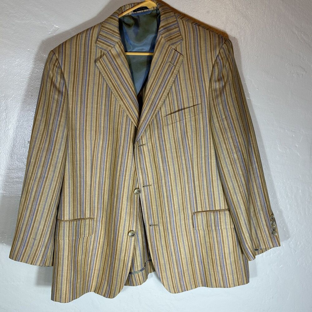 Ibiza 44R Linen And Wool Sport Jacket Golden Striped Blue Samba Mediterranean